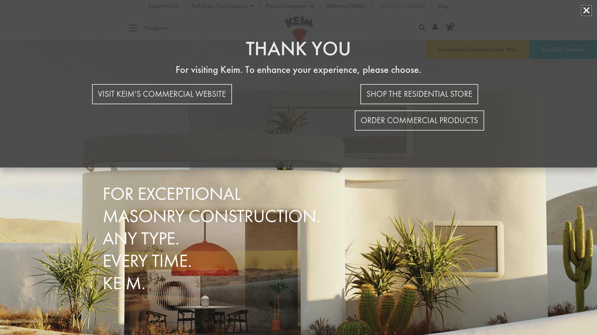 Screenshot of the Keim website homepage showing their ecological mineral paint products headers