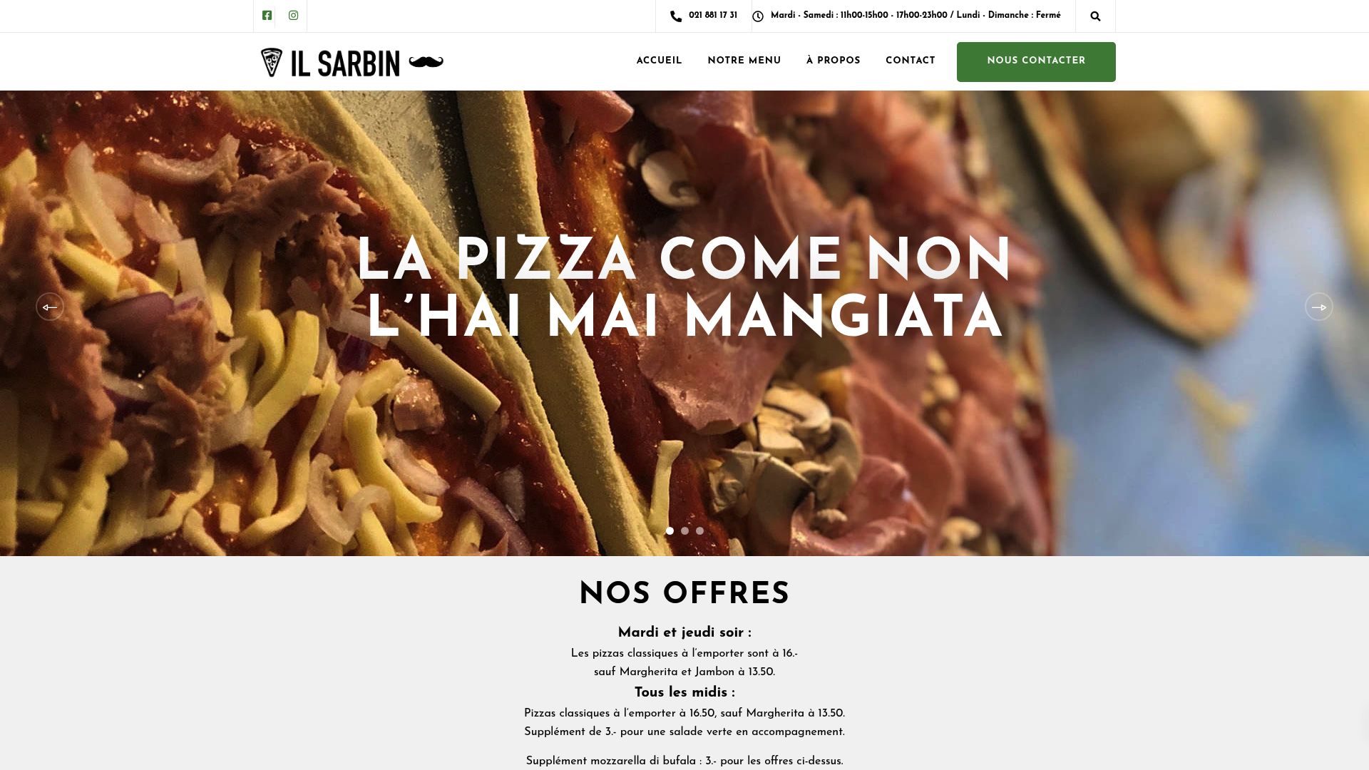 Screenshot of the Il Sarbin website homepage showing their pizza menu and italian vibes
