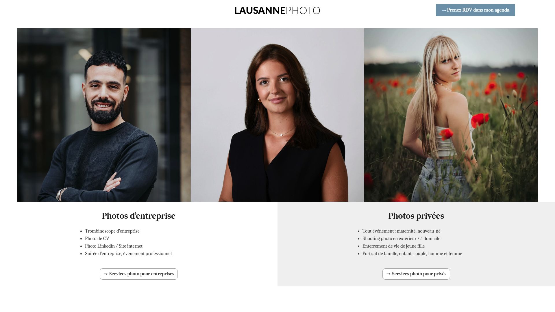 Homepage screenshot of Lausanne-photo.ch showing their portfolio and services