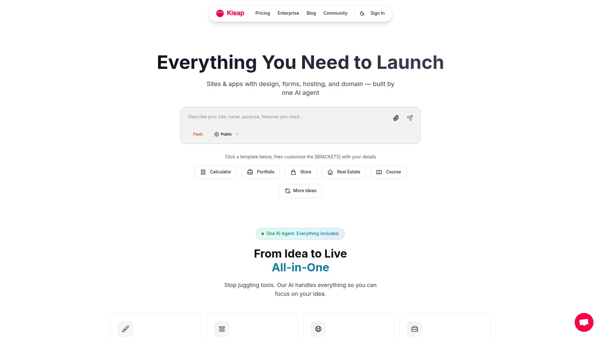 Screenshot of Kleap.co showing the easy website builder interface and templates