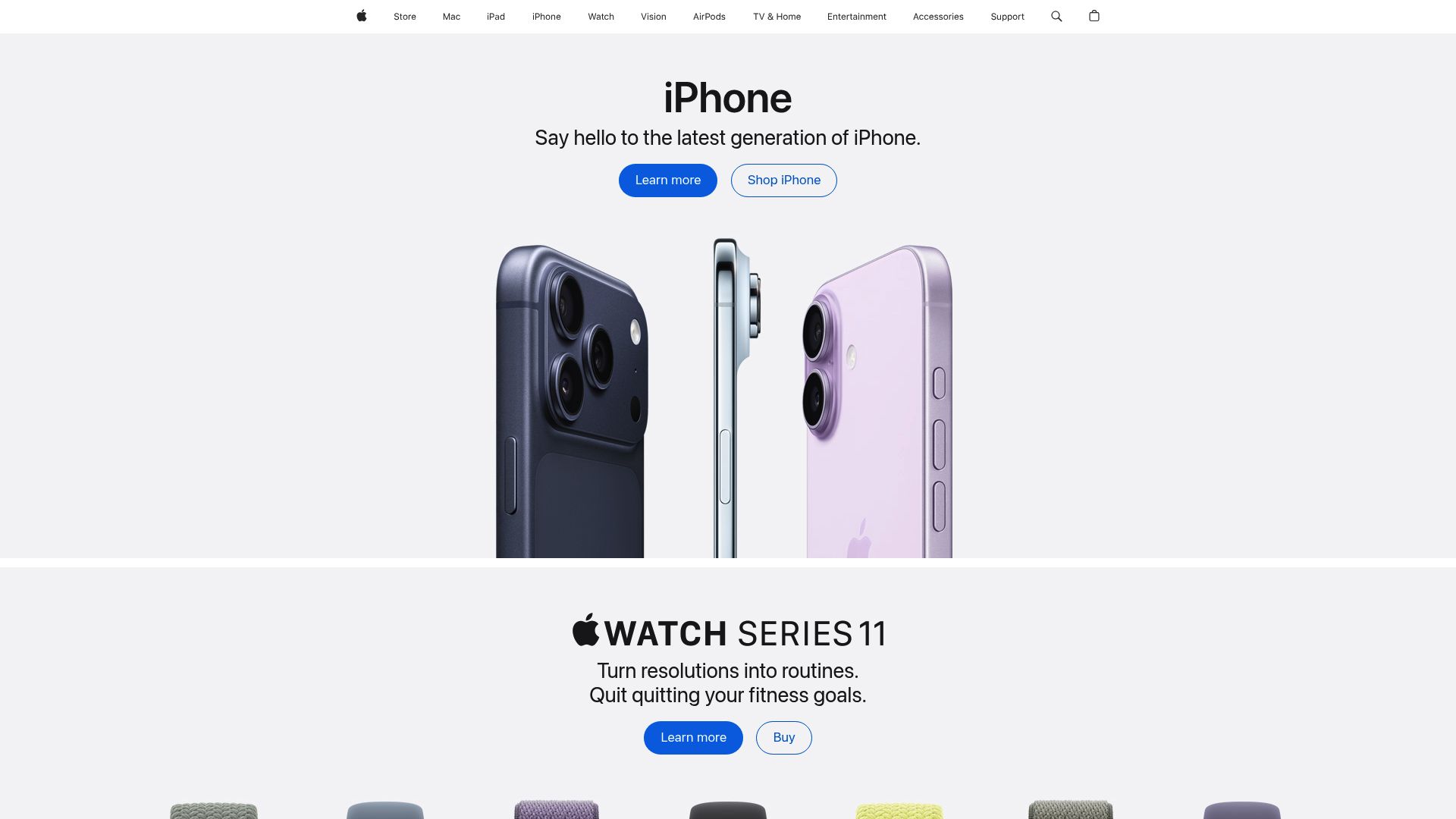 Screenshot of the Apple website homepage showing clean design and minimalist product presentation.