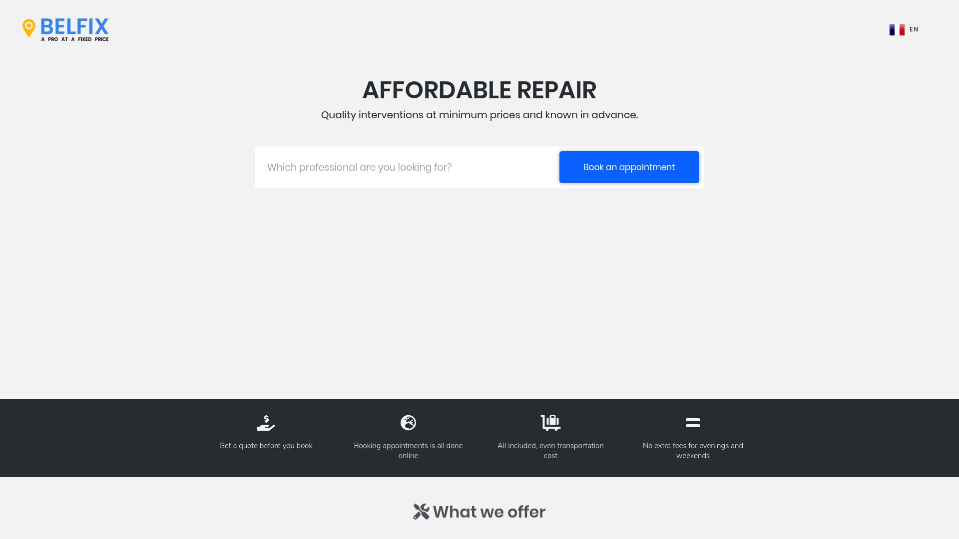 Screenshot of the top part of Belfix website showing the header and search bar