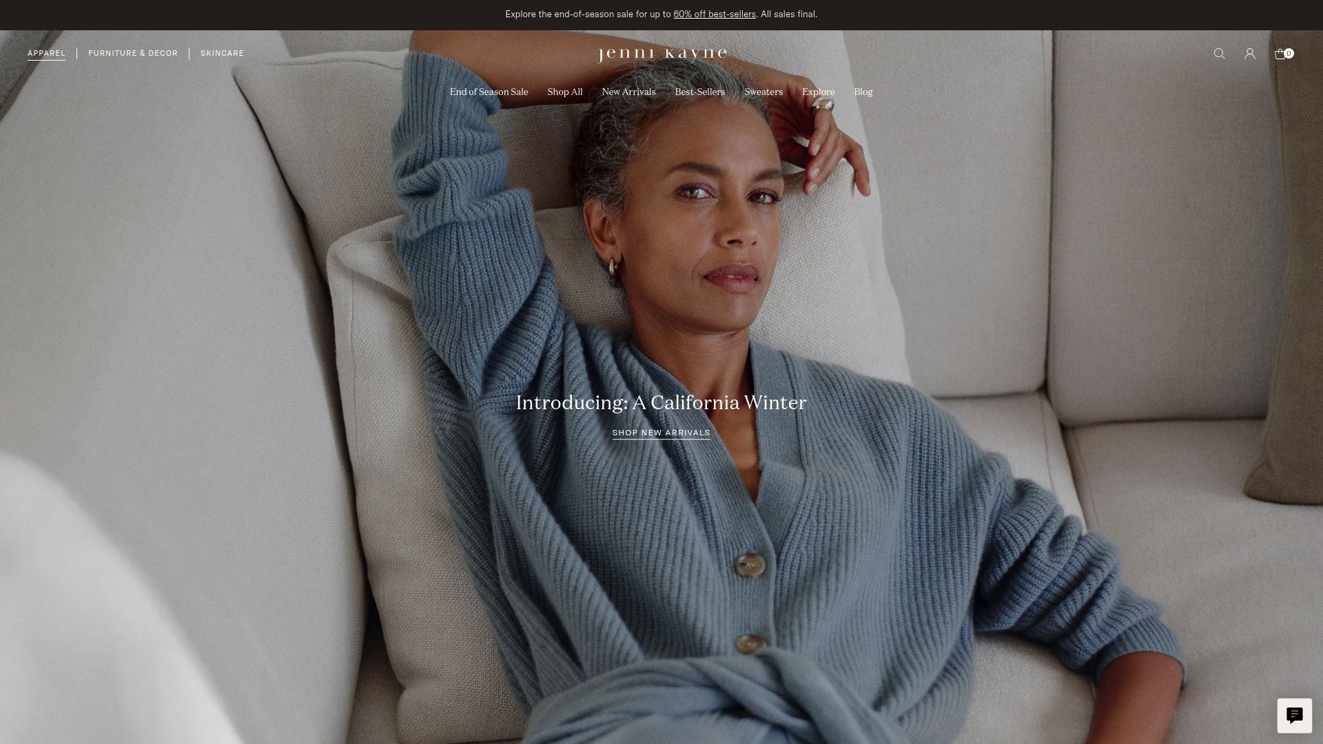 Screenshot of Jenni Kayne website homepage showing soft cardigans and minimal aesthetic