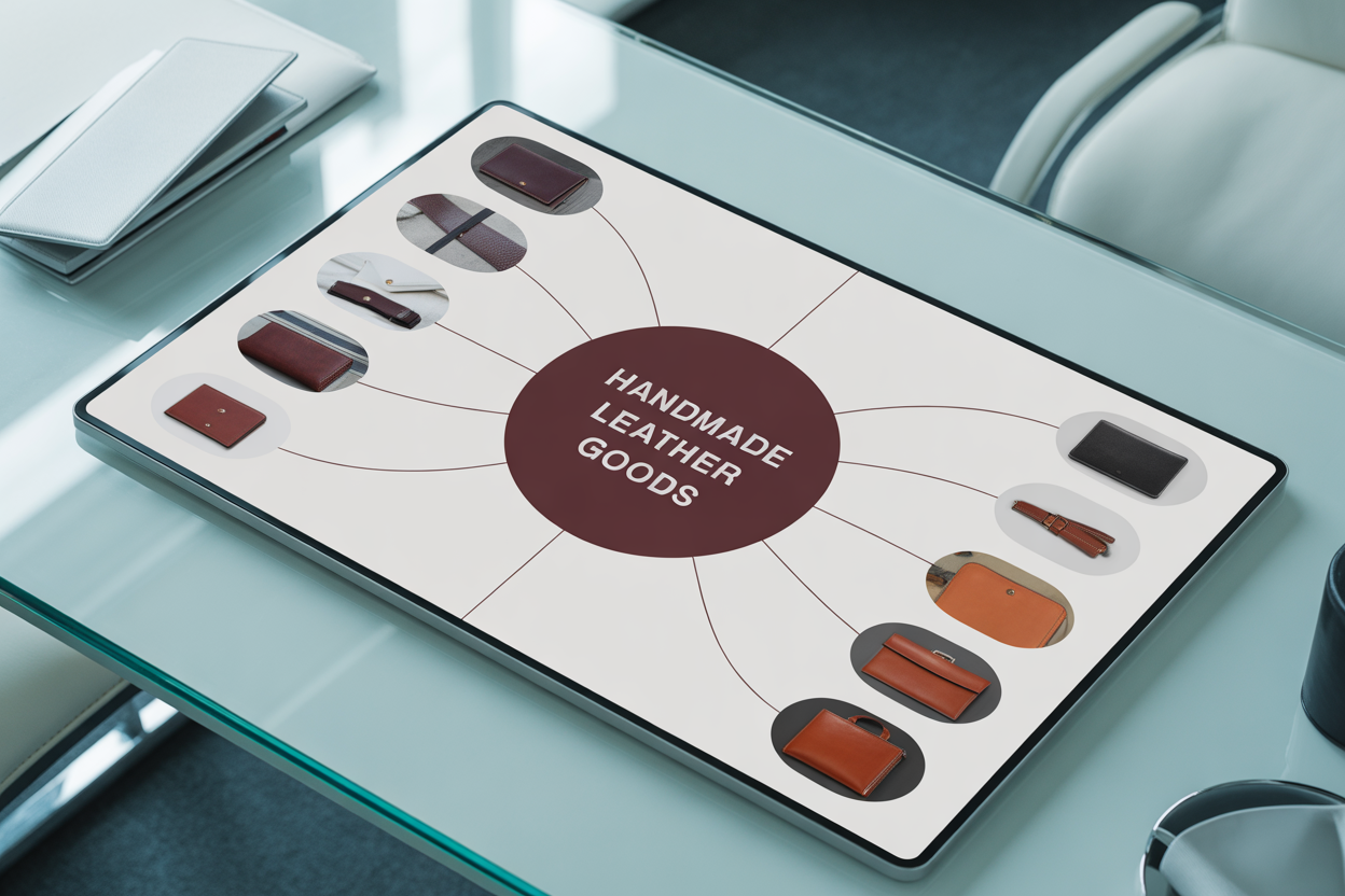 Here's a simple mind map showing a central business idea, 'Handmade Leather Goods,' branching out to brainstormed keyword ideas like 'leather wallets,' 'men's belts,' 'custom briefcases,' and 'leather care tips'.