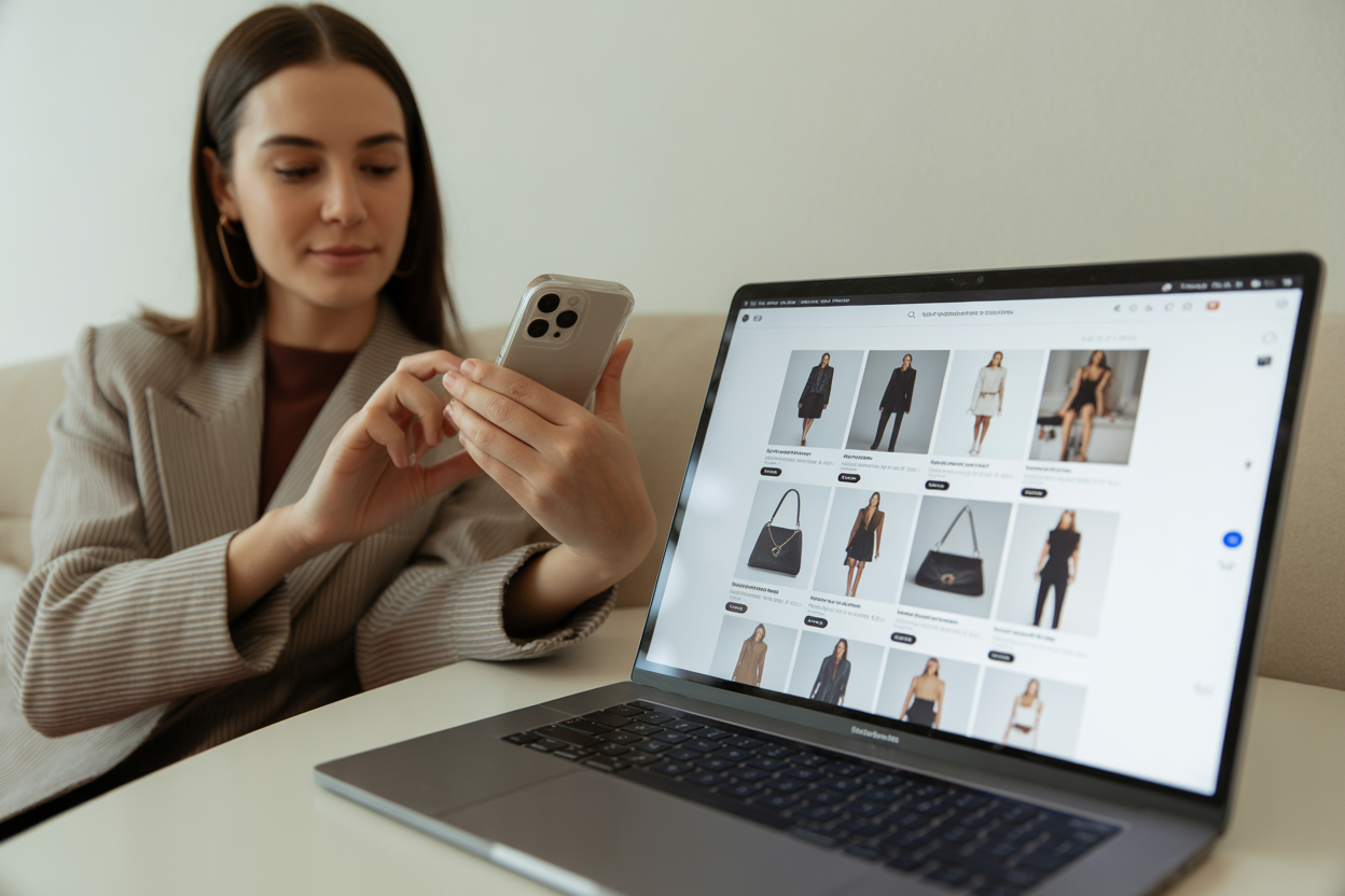 A customer journey flow for visual search. Step 1: User takes a photo of a product. Step 2: Image is uploaded to an e-commerce site. Step 3: CNN analyzes the image. Step 4: Site displays visually similar products.