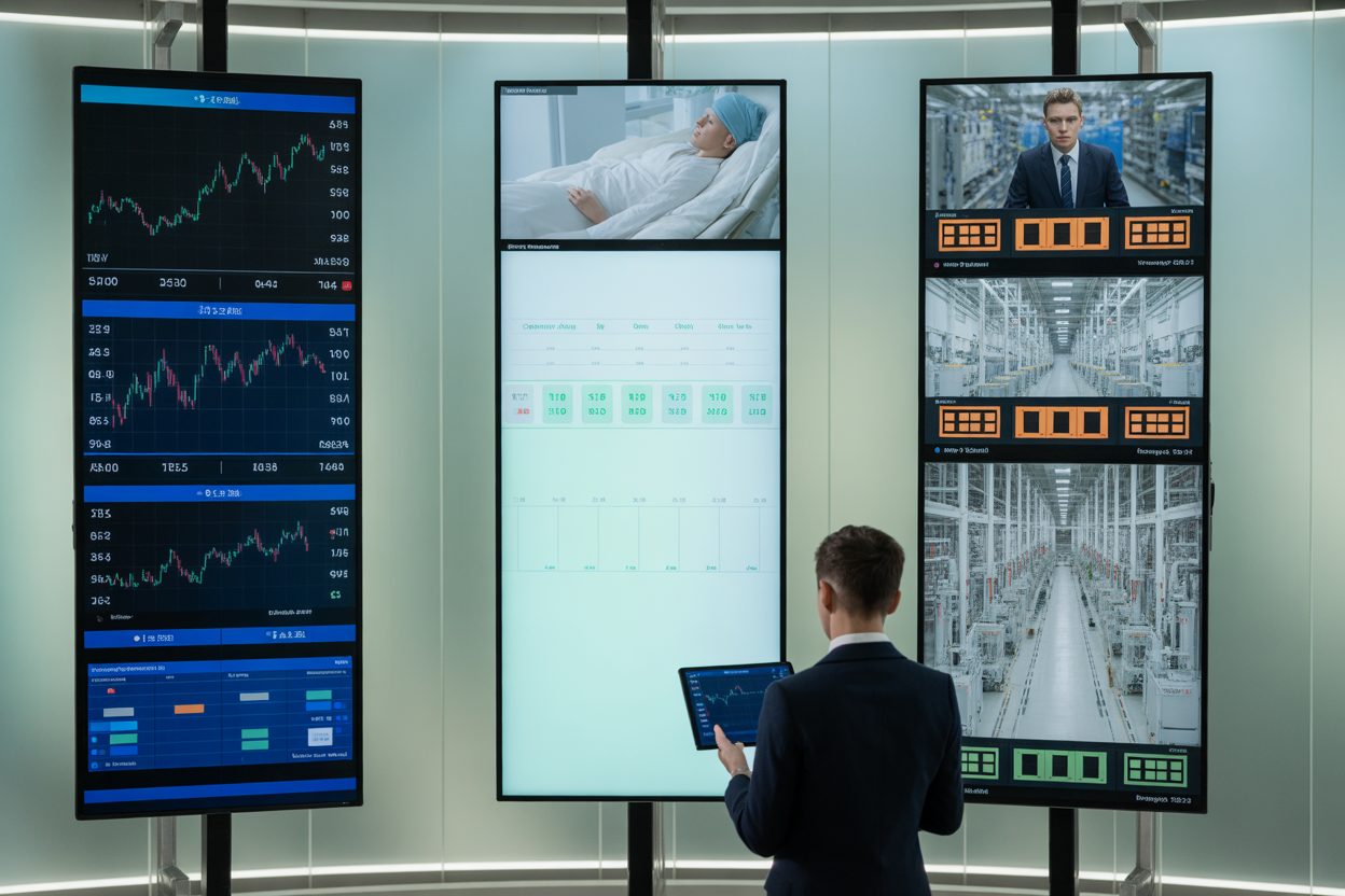 An infographic visualizing the impact of frontier AI across different sectors like finance, healthcare, and manufacturing, with key statistics for each.