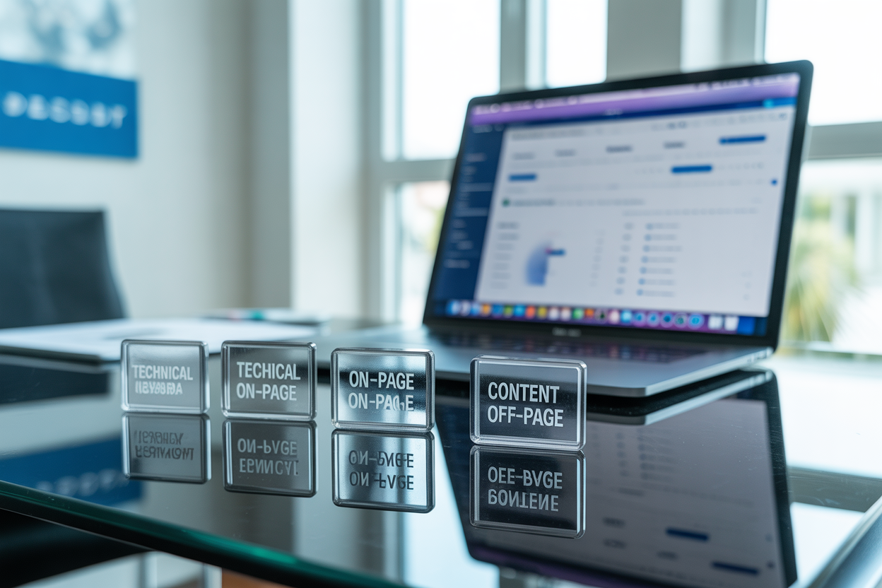 An infographic showing the four pillars of SEO: Technical SEO, On-Page SEO, Content SEO, and Off-Page SEO, each with a brief description and representative icon.