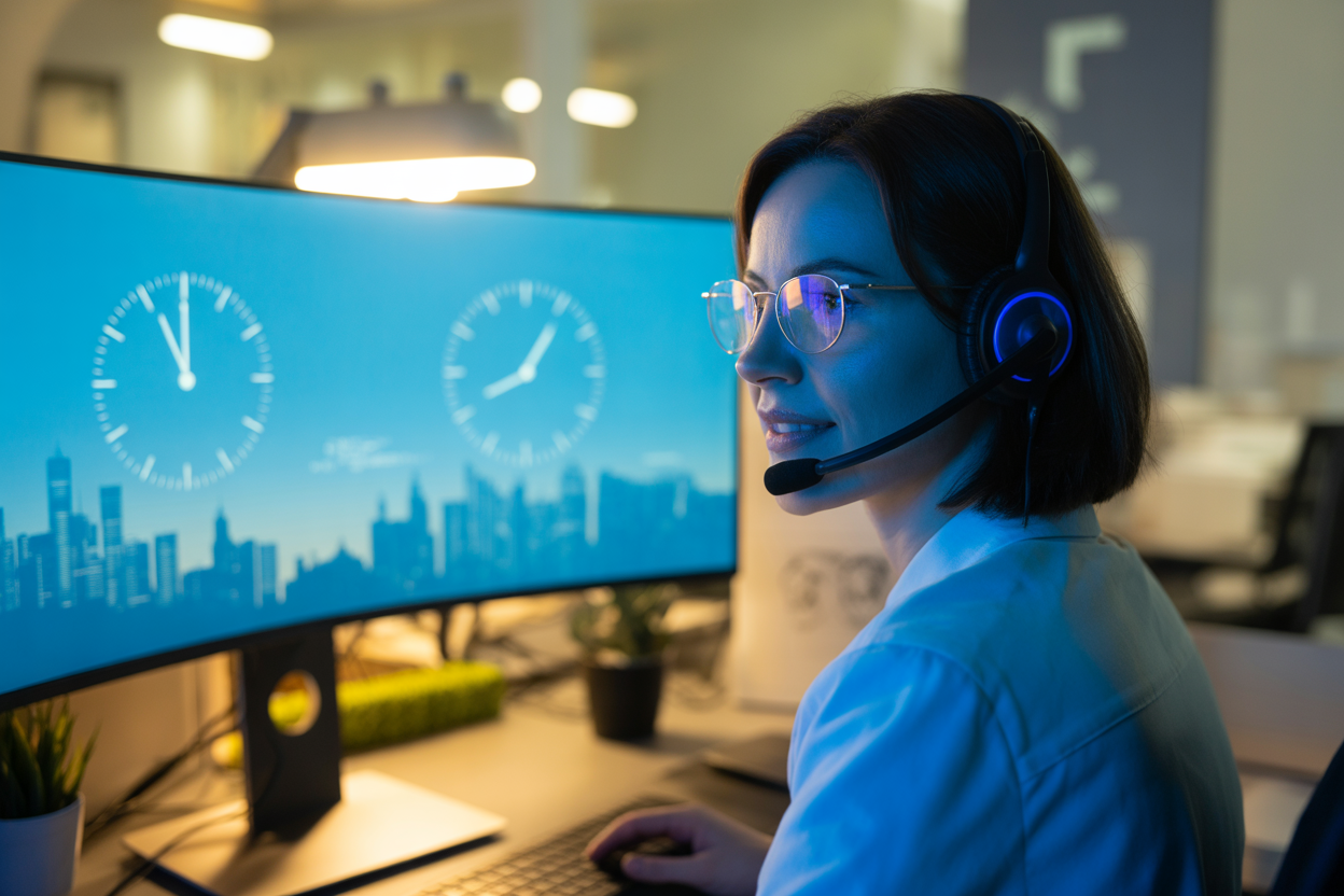 A clock graphic with icons representing different time zones, showing an AI agent providing support continuously to customers around the world.