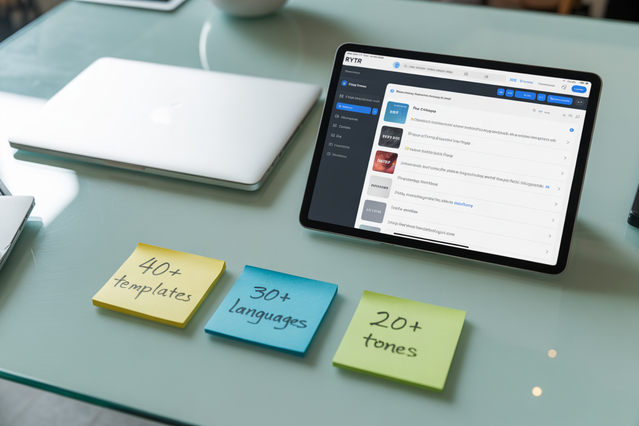 A comparison chart showing icons for Rytr's key features: 40+ templates, 30+ languages, and 20+ tones of voice.