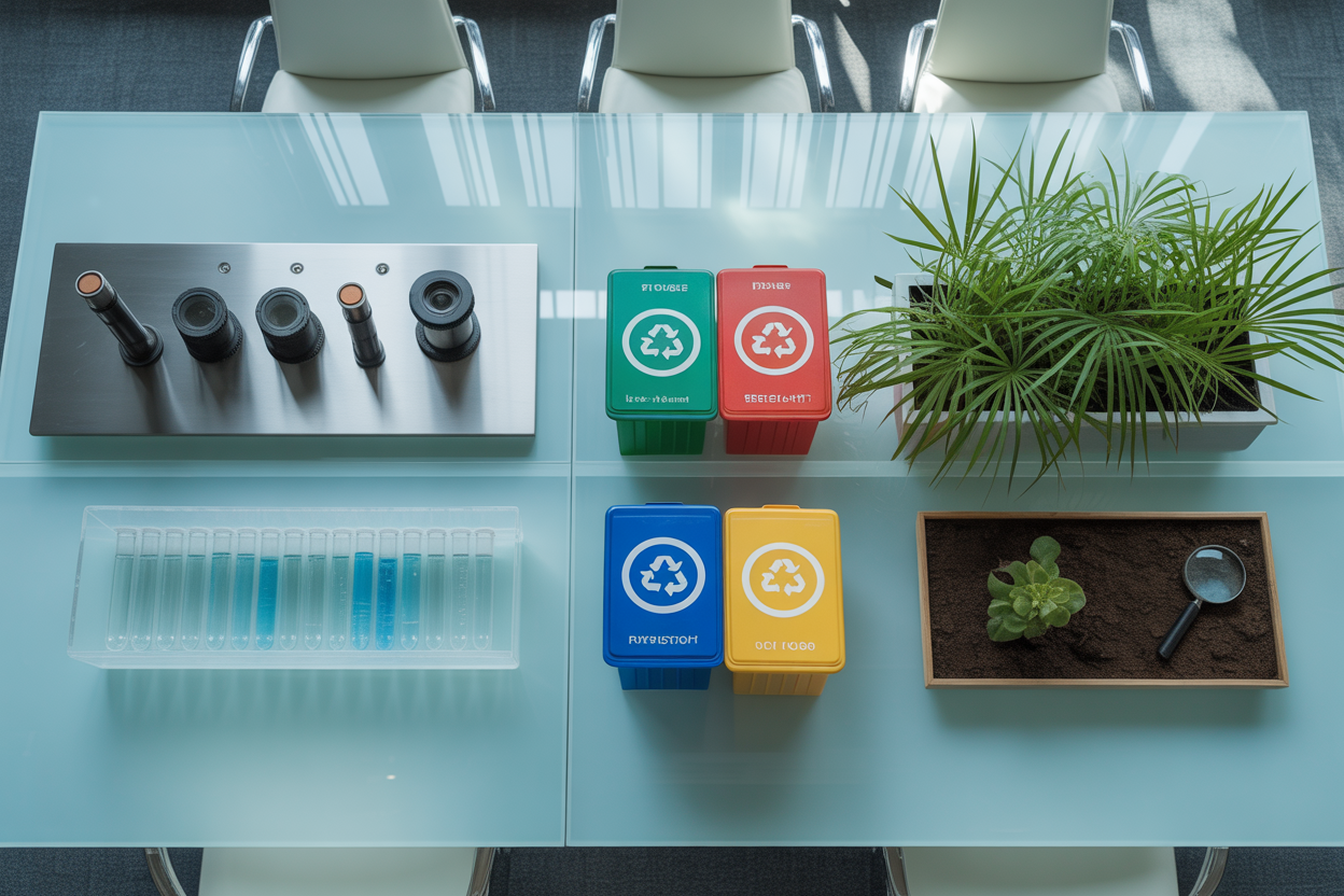 A clear infographic summarizing the key pillars of environmental compliance for businesses: Air Emissions, Water Management, Waste Disposal, and Biodiversity Protection, with icons for each.