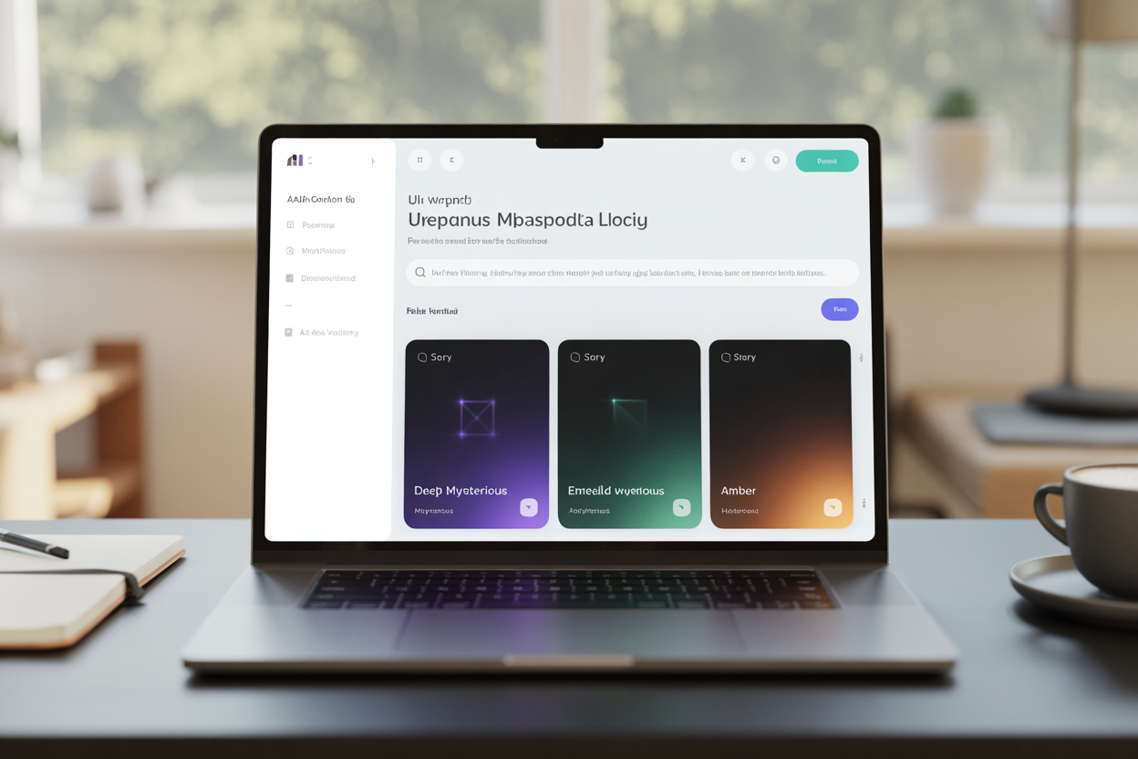 A simplified UI mockup of an AI story generator showing a prompt box and generated story snippets with different tones like 'Mysterious', 'Adventurous', and 'Humorous'.