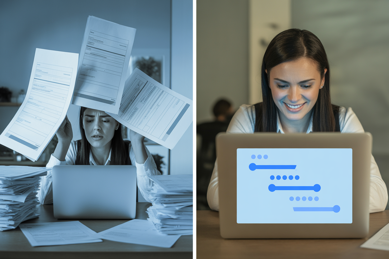 An infographic comparing a long, single-step form with a streamlined, multi-step form, showing the user's emotional journey from overwhelmed to engaged.