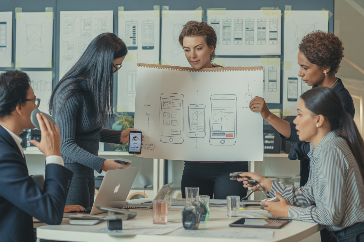 Infographie montrant les 5 étapes du Design Thinking : Empathize, Define, Ideate, Prototype, Test, avec des icônes pour chaque étape.