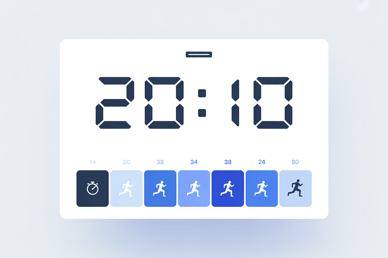 Un schéma simple expliquant le protocole Tabata : 20 secondes d'effort maximal, 10 secondes de repos, répété 8 fois pour un total de 4 minutes.