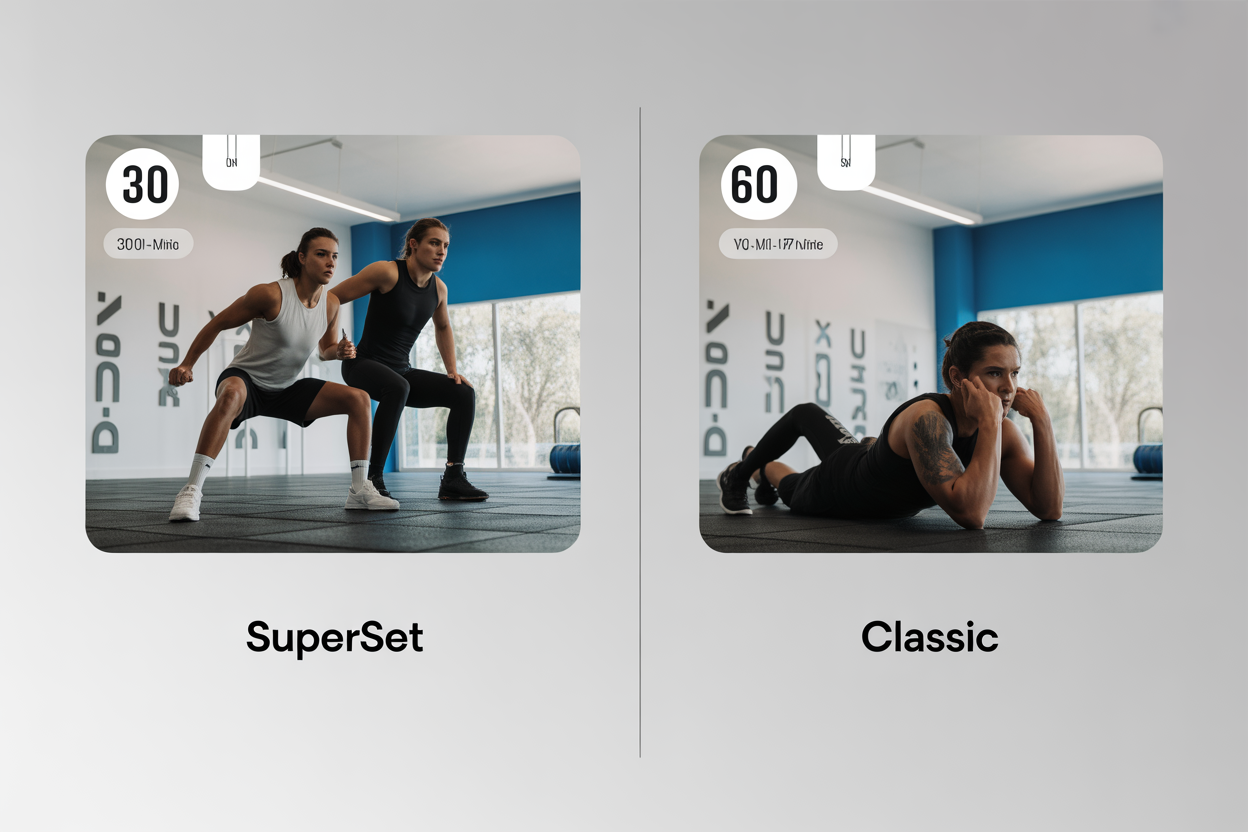 Un schéma simple montrant la différence entre un entraînement classique et un entraînement en superset, mettant en évidence le gain de temps.
