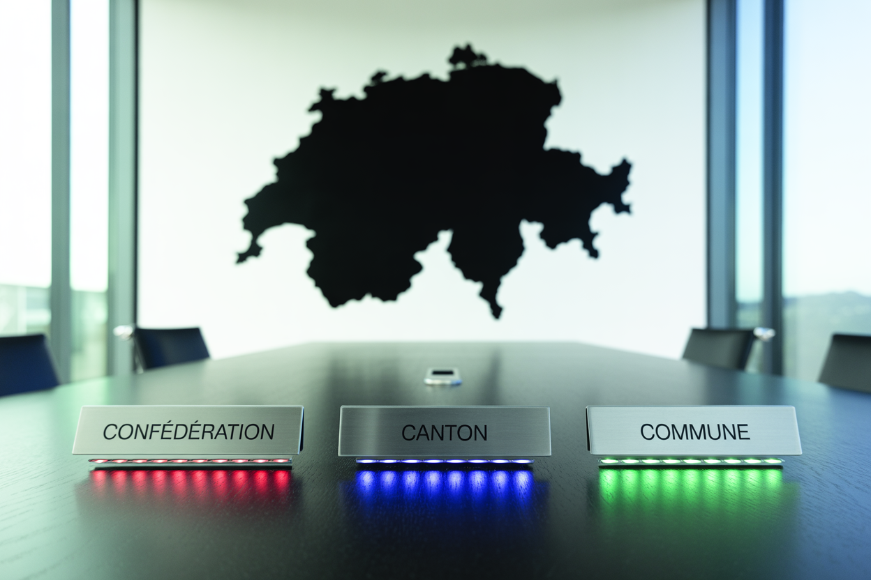 Une carte de la Suisse montrant les différents niveaux d'imposition (fédéral, cantonal, communal) avec des icônes représentant chaque niveau.