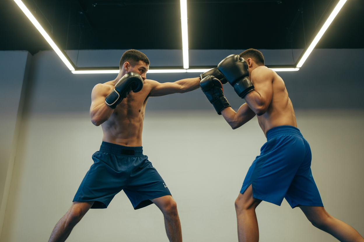 Un diagramme simple montrant la combinaison de boxe de base 1-2 (jab-cross) avec des flèches indiquant le mouvement du corps et des poings.