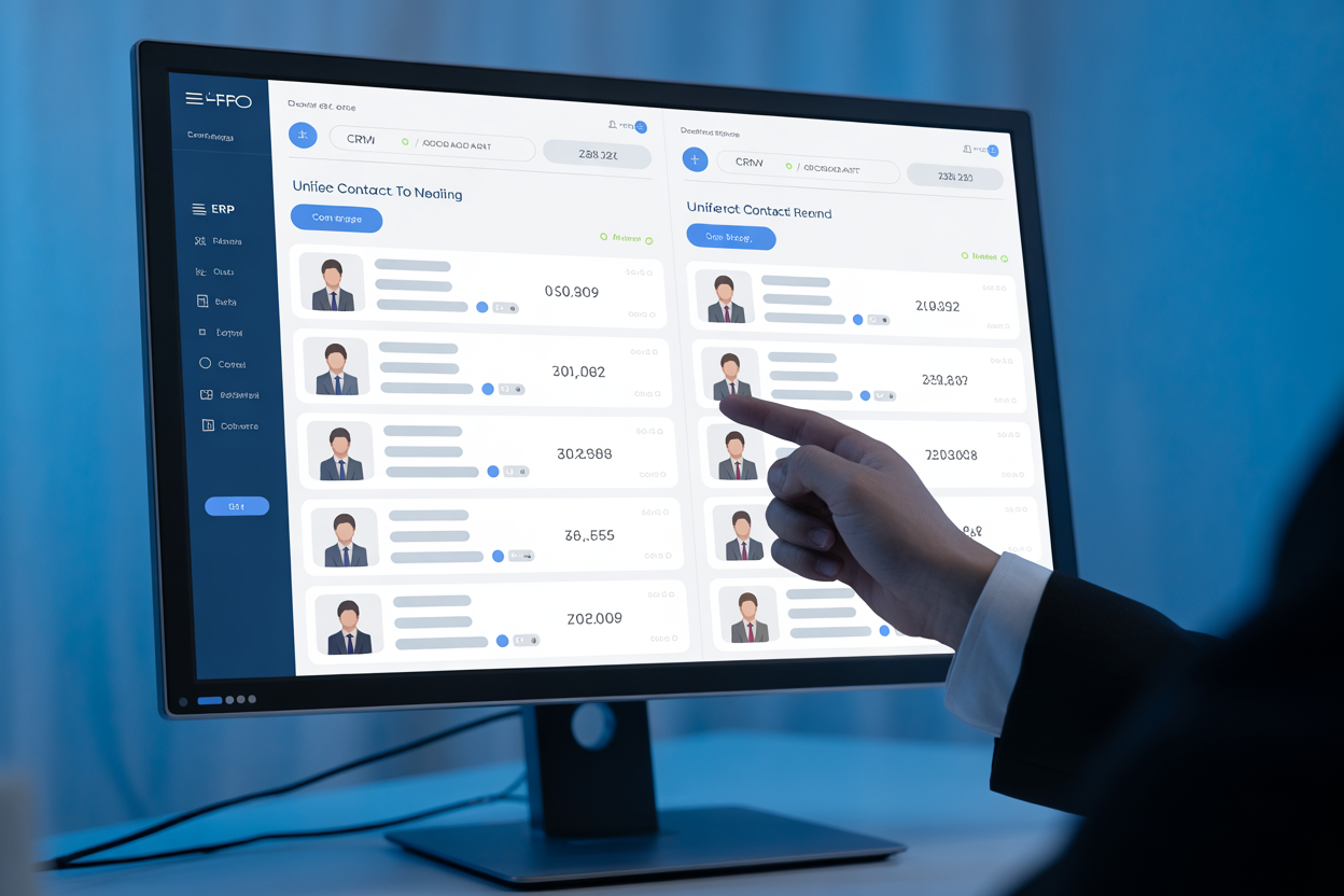 Infographie montrant comment Janitor AI identifie des fiches clients dupliquées dans un CRM et un ERP, les propose à un utilisateur pour validation, puis les fusionne en une seule fiche client unifiée.