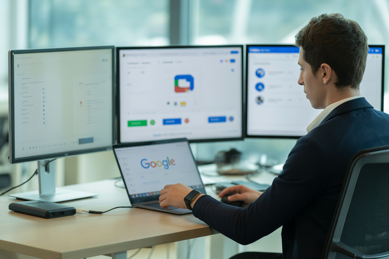 Une infographie montrant les 7 logos des outils Google AI (Gemini, NotebookLM, Vertex AI, Workspace, Sheets, GA4, Search Console) disposés en cercle autour d'une icône représentant un entrepreneur.