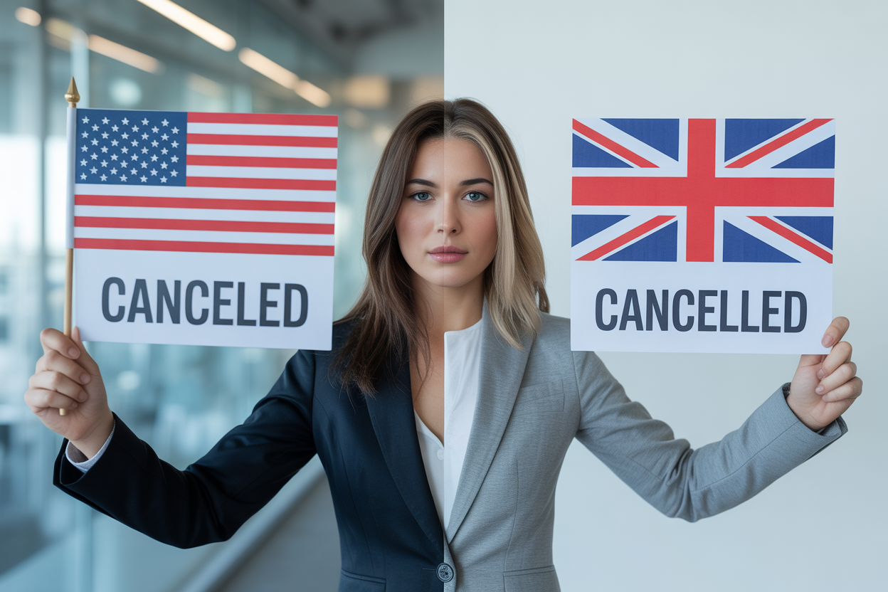A simple visual showing the deal: an American flag points to 'Canceled' and a British flag points to 'Cancelled'.