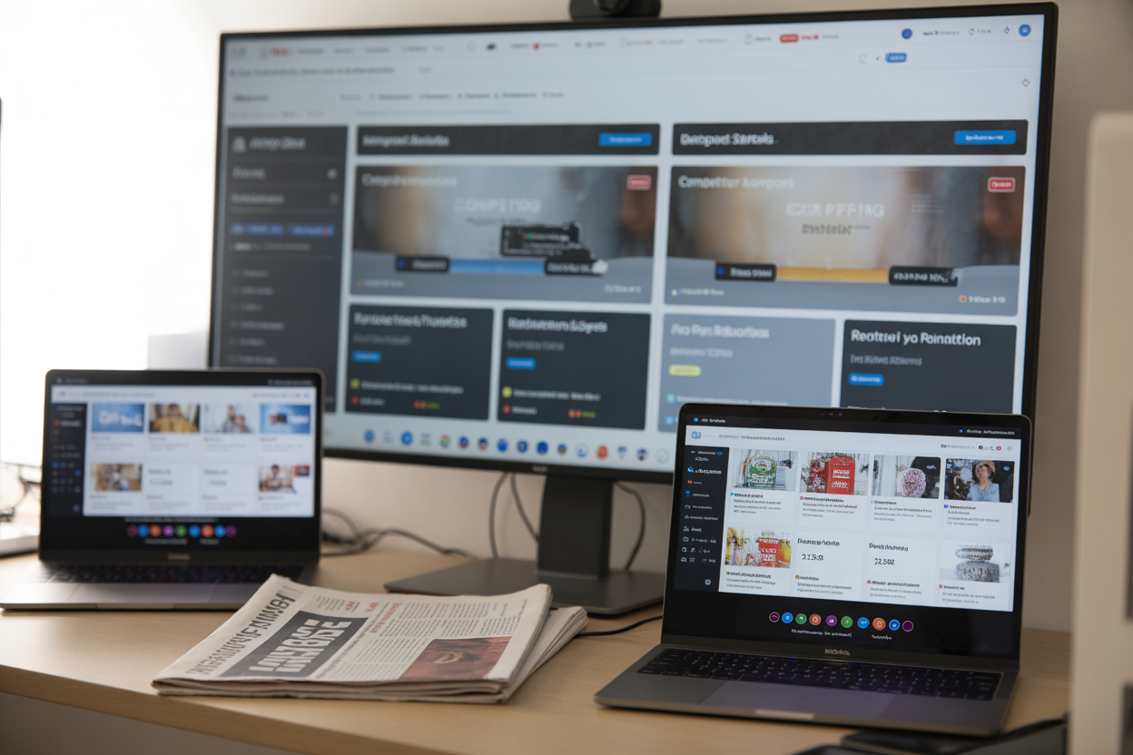 Un tableau de bord montrant le suivi automatisé des activités de plusieurs concurrents, avec des alertes sur les nouveaux produits, les campagnes marketing et les mentions dans la presse.