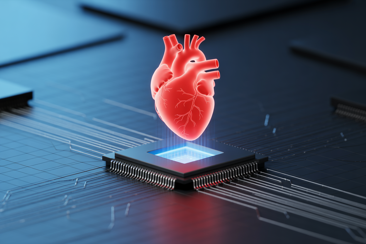 Un diagramme montrant un cœur humain fusionnant avec un cerveau de robot, symbolisant l'injection d'émotion dans l'IA.
