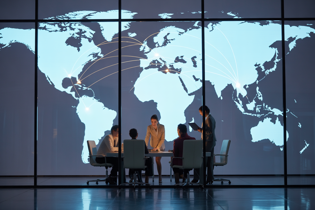 A world map with interconnected points, illustrating how a multilanguage website can link a business to different countries and language zones, featuring icons for engagement and sales.