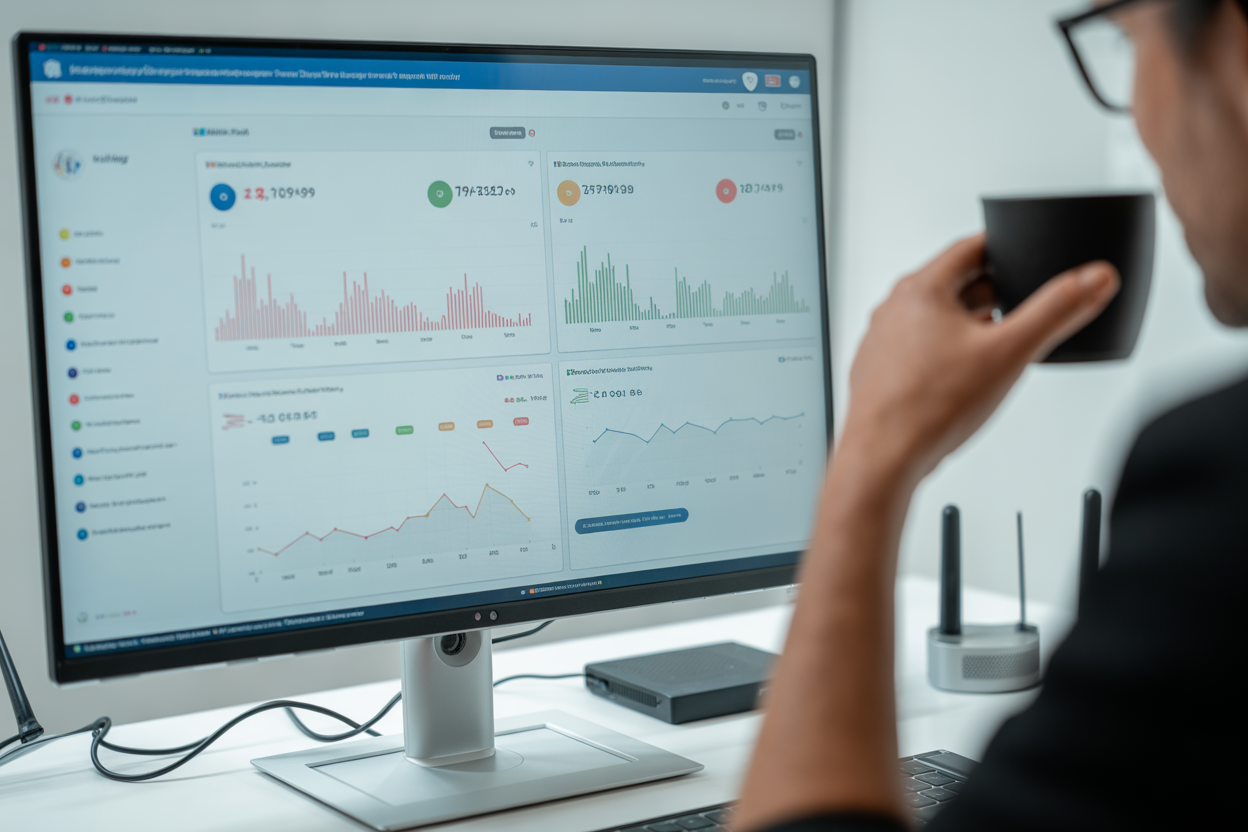 A dashboard from a network monitoring tool like SolarWinds NPM, showing real-time graphs of AP status, signal strength, and network load.