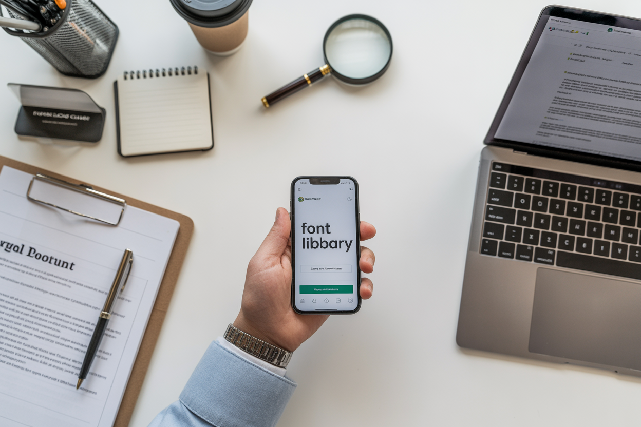 A simple infographic checklist called '5 Steps for Legal Font Use,' with icons for checking the license, finding a good source, commercial use, documentation, and asking for help.
