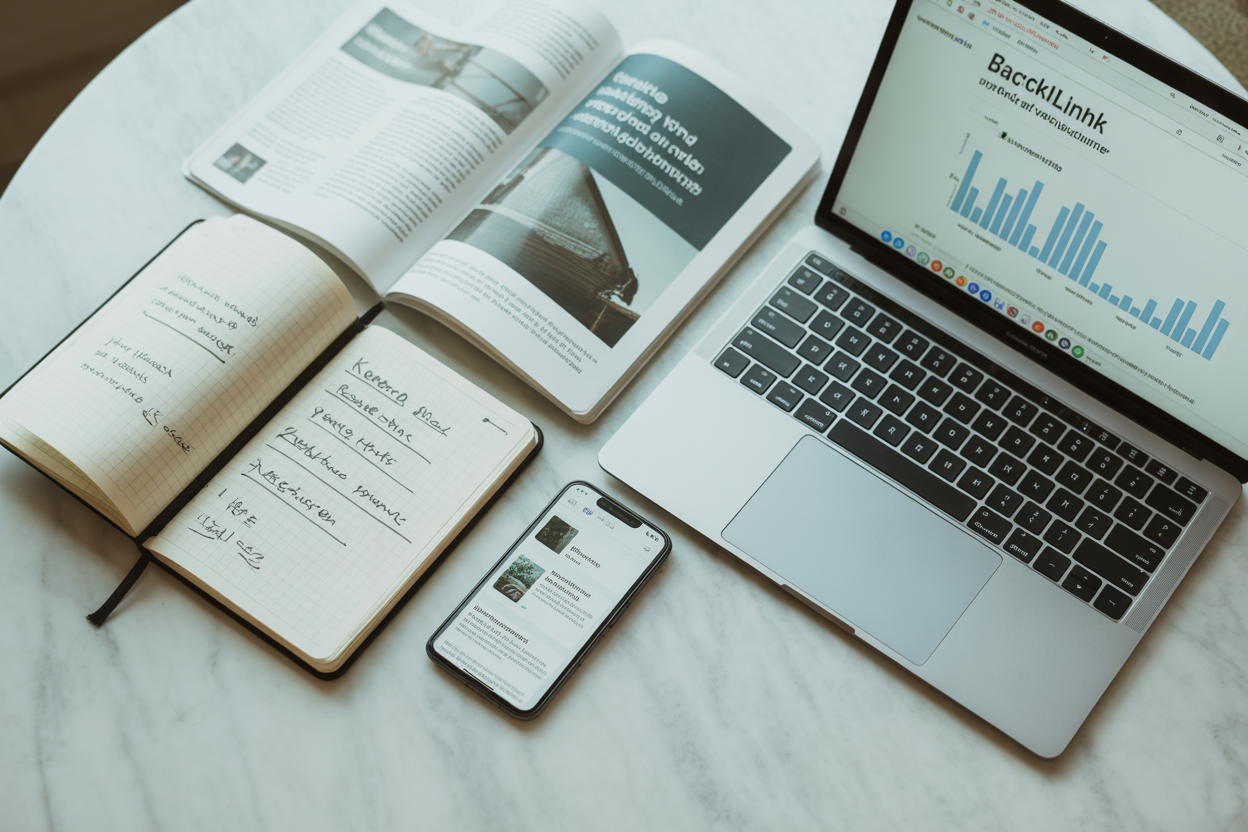An infographic showing the key pillars of SEO for a blog: keyword research, on-page optimization, content quality, and backlink building.