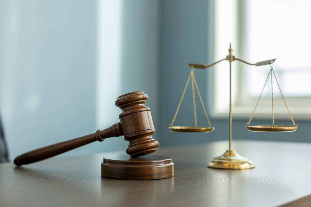 A clean infographic showing a gavel and scales of justice, with text bubbles outlining the Qantas fine, compensation, and the precedent it sets for labor law.