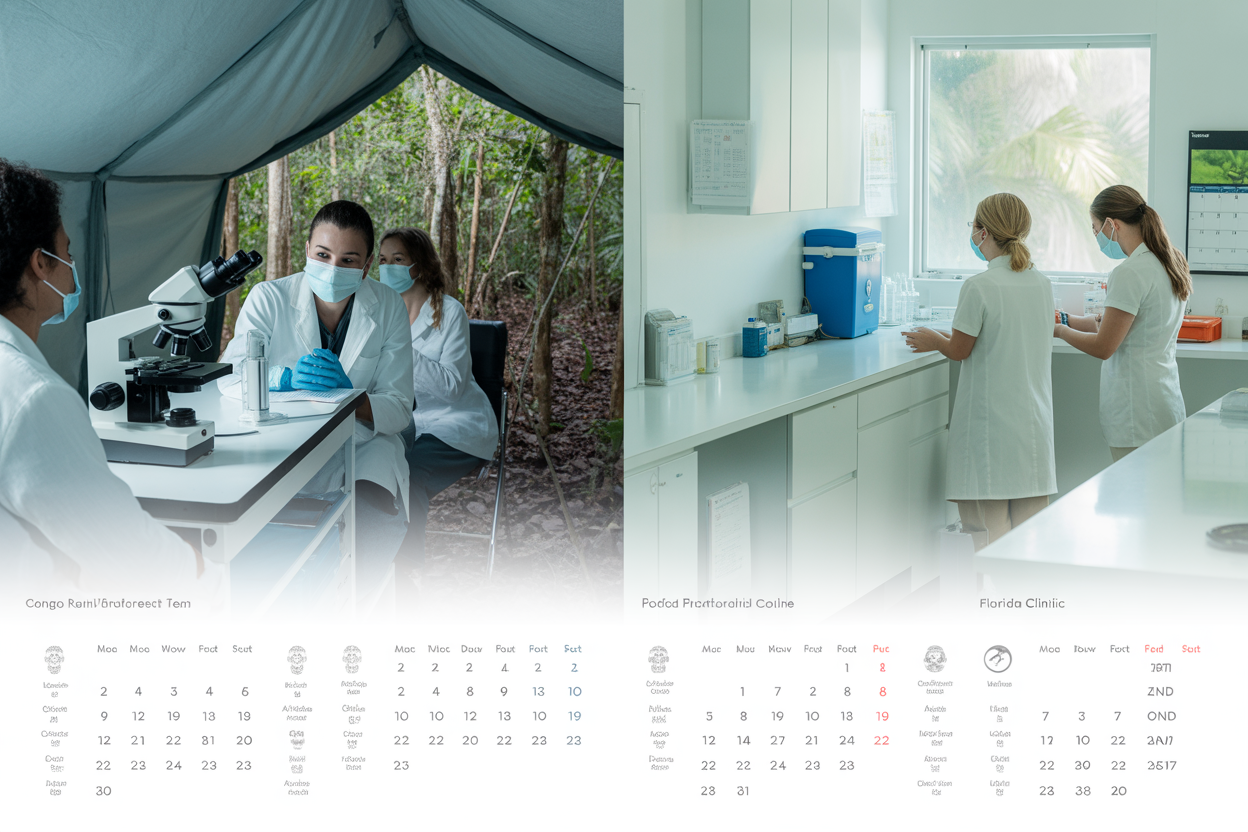 A simple infographic that compares the timeline of the new Ebola outbreak in the DRC against the key dates of Florida's vaccination policy change.