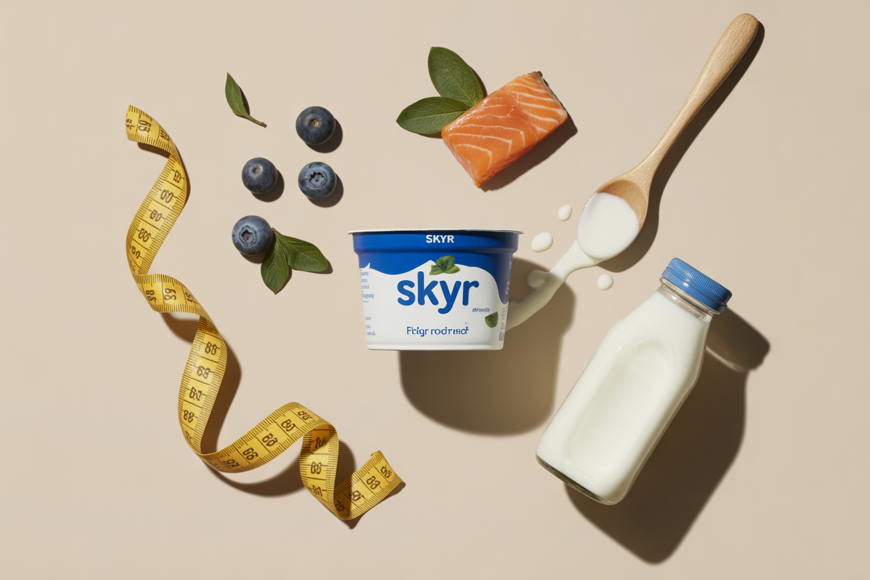 Une infographie simple montrant les bienfaits du skyr: icône de muscle pour les protéines, icône de balance pour la gestion du poids, icône d