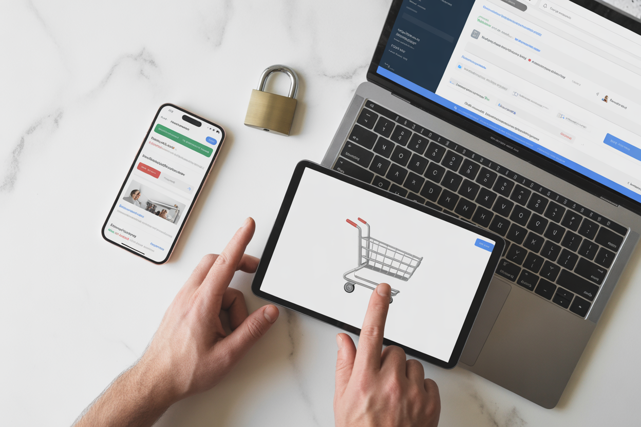 An infographic showing a smartphone with a checkmark, a search engine icon with a checkmark, and a shopping cart icon with a checkmark, labeled 'Mobile Ready', 'SEO Optimized', and 'E-commerce Enabled'.