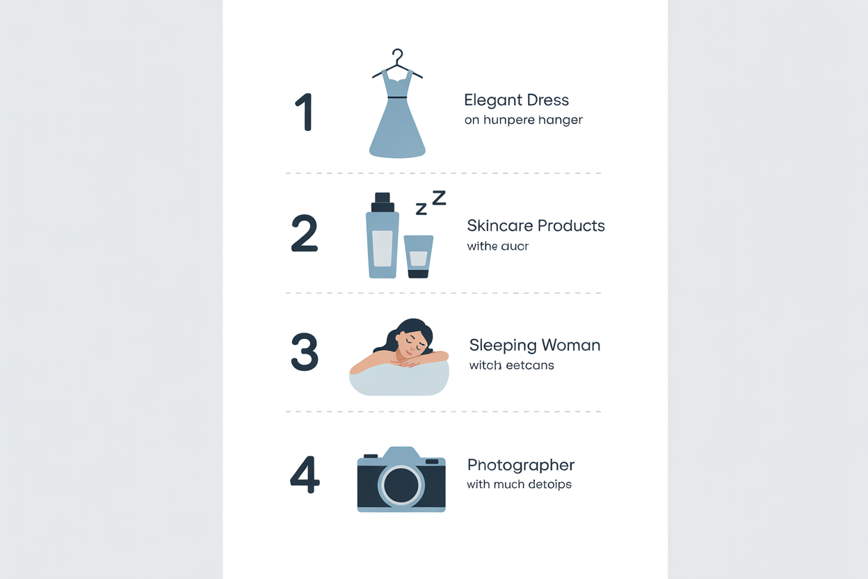 Une infographie simple montrant une checklist de préparation pour une séance boudoir : 'J-7 : Choisir ses tenues', 'J-3 : Soins de la peau et manucure', 'J-1 : Se reposer', 'Jour J : Faire confiance à son photographe'.
