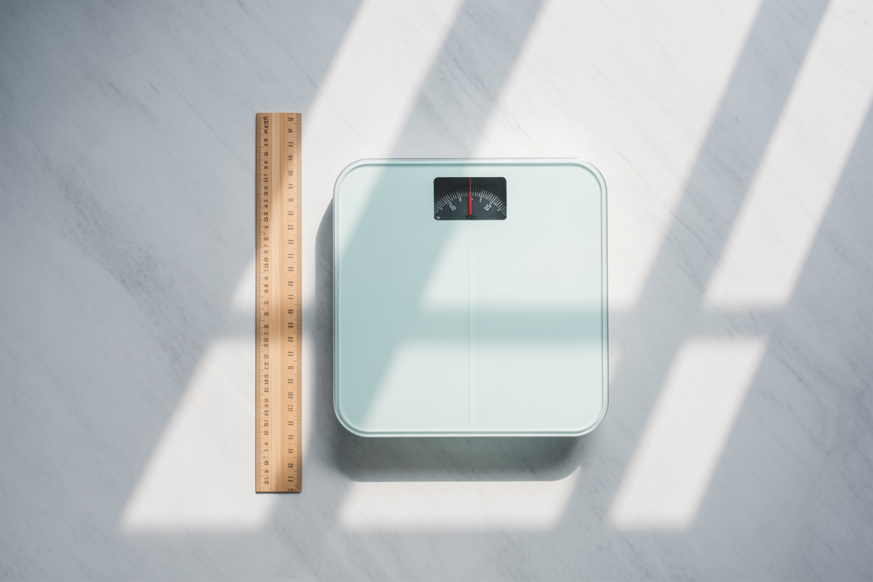 Une petite infographie toute simple qui vous remontre la formule de l'IMC : Poids (kg) divisé par Taille (m) au carré, avec une balance et une toise pour illustrer.