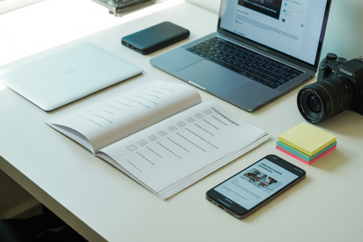 A checklist infographic showing key items to audit before a website migration, including pages, SEO keywords, media files, and forms.