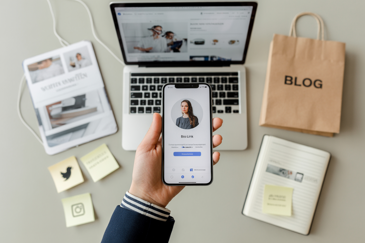Here's a cool visual of how links for your website, shop, blog, and social media can all point to one clean bio link page.