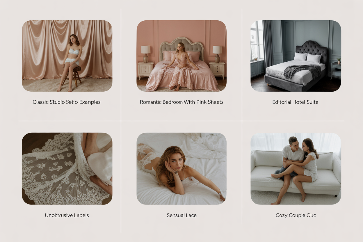 infographie montrant les différents styles de photo boudoir avec des images miniatures et des courtes descriptions pour classique, romantique, éditorial, sensuel, et couple.