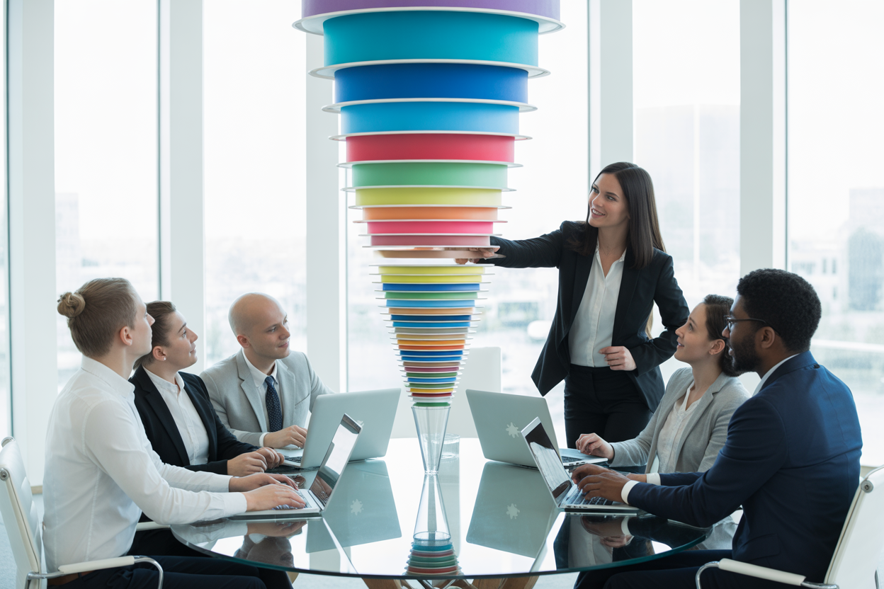 A funnel diagram showing the process of identifying audience intent, from broad topics to specific user questions, using AI research tools.
