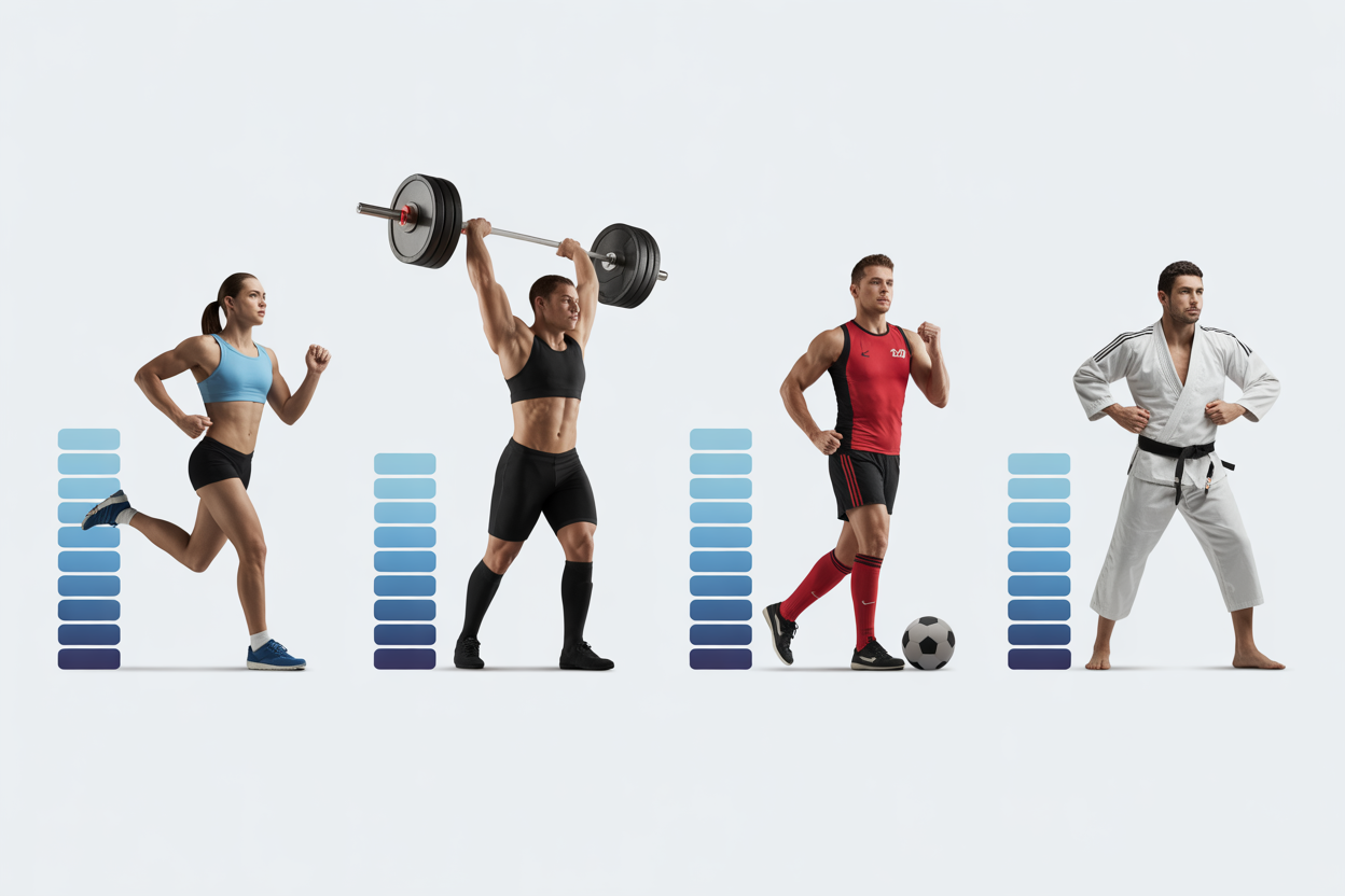 Infographie montrant les fourchettes d'IMC recommandées pour les sports d'endurance, de force, collectifs et les arts martiaux.