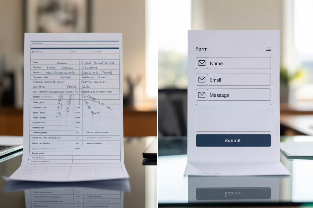 An infographic comparing two forms side-by-side. On one side, the 'Bad Form' is painfully long, with over 15 fields all crammed together. The 'Good Form'? It's short and sweet, with just three fields: Name, Email, and Message, plus a clear 'Submit' button.