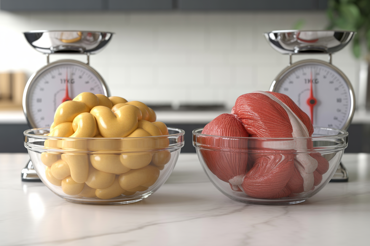 Une image comparative montrant un kilo de graisse et un kilo de muscle, illustrant la différence de volume pour le même poids.