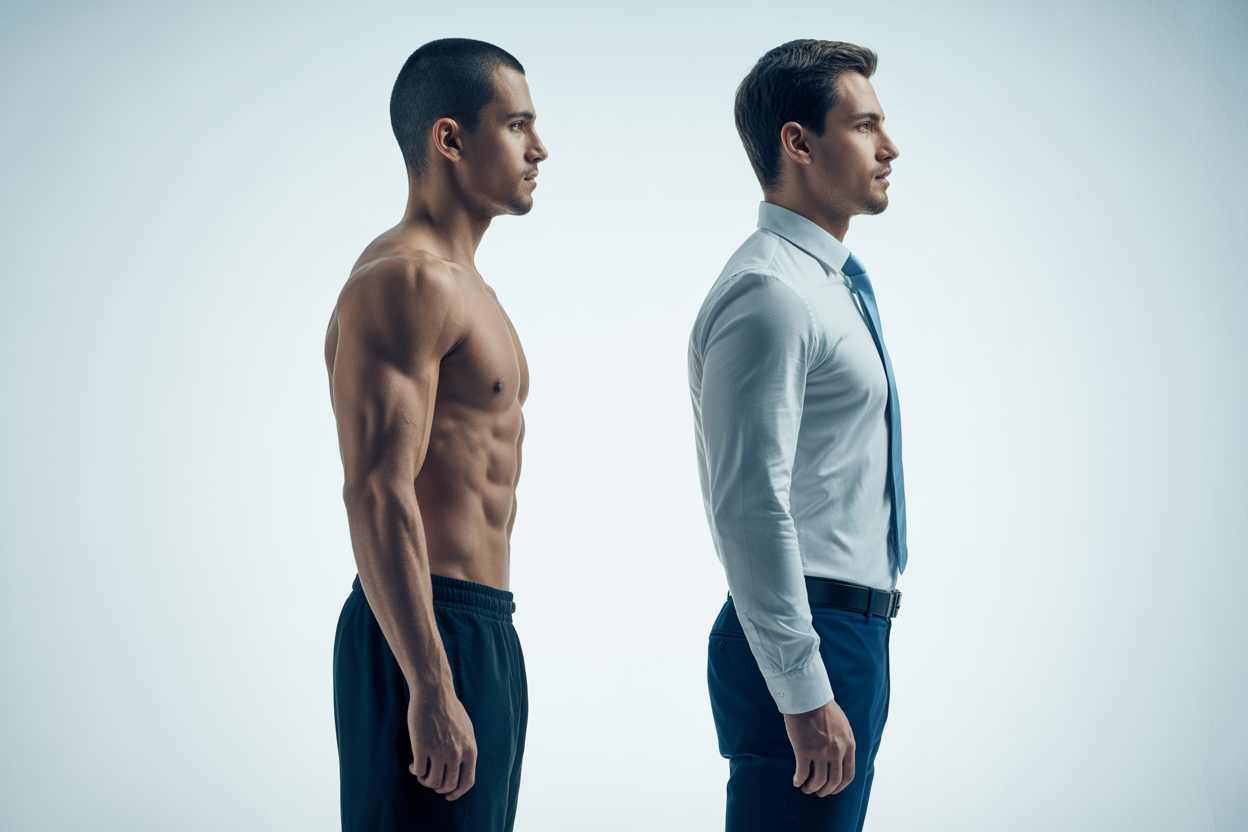 Graphique comparant la composition corporelle de deux personnes avec le même IMC, un athlète musclé et une personne sédentaire, montrant la différence de pourcentage de graisse et de muscle.