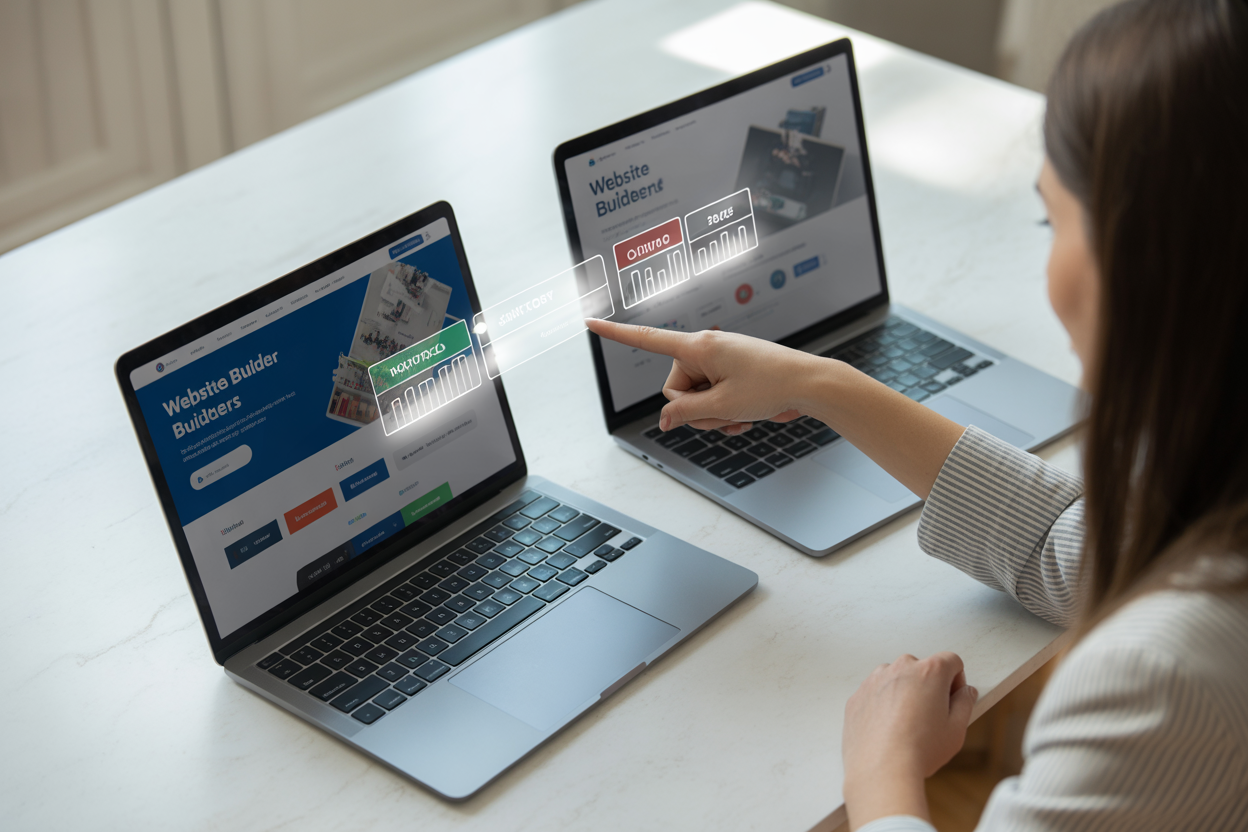 A visually appealing chart comparing the key features (AI power, ease of use, price) of top AI website builders like Wix, Hostinger, and Squarespace.