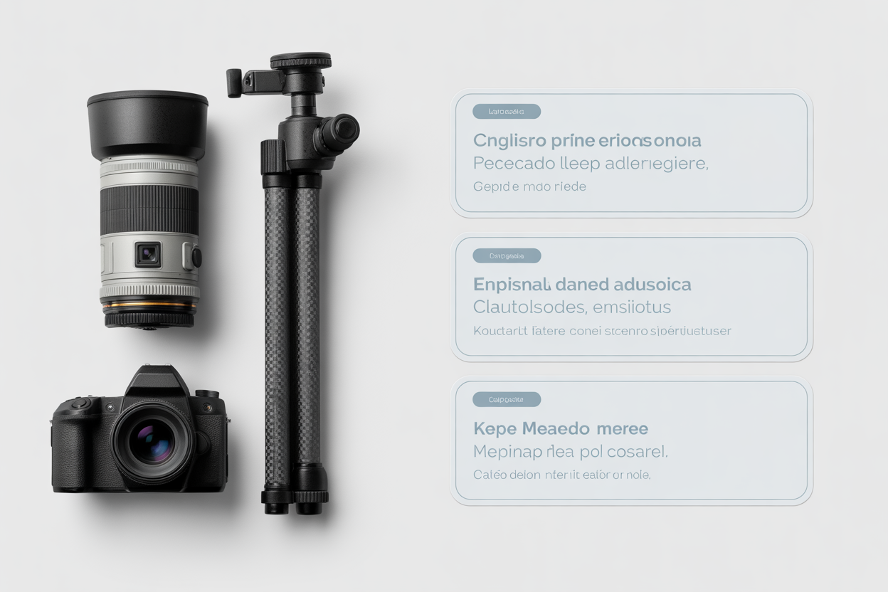 Une infographie visuelle montrant les termes clés de la photographie en espagnol et en anglais avec des icônes pour caméra, objectif, et trépied.