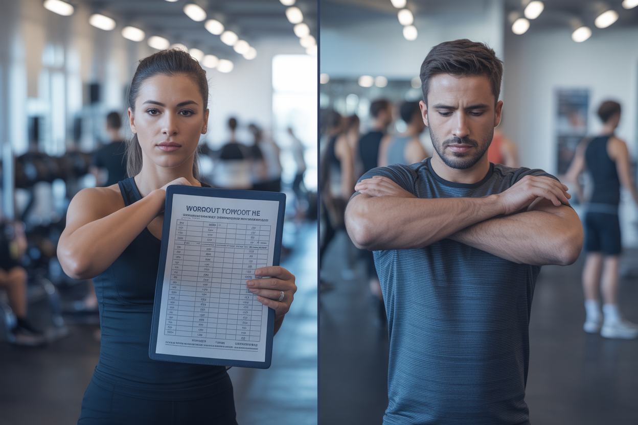Graphique comparatif montrant un plan d'entraînement personnalisé avec des objectifs spécifiques face à un programme de gym générique et standard.
