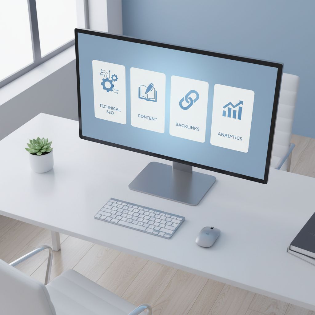 An infographic showcasing the core pillars of SEO automation: Technical SEO, Content, Backlinks, and Analytics, with icons for each.