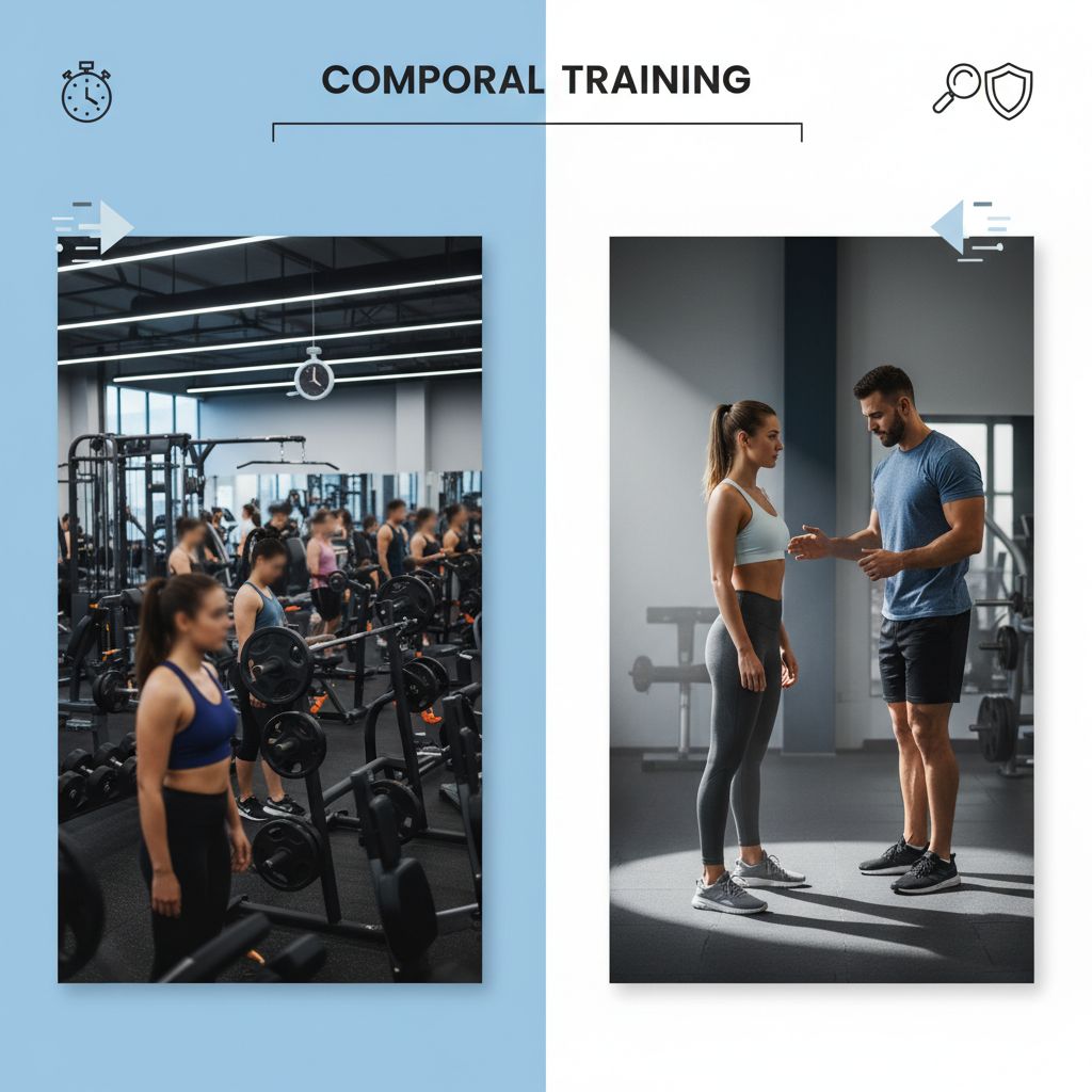 Tableau comparatif simple montrant les avantages du coaching privé par rapport à une salle classique sur des critères comme la personnalisation, le gain de temps et la sécurité.