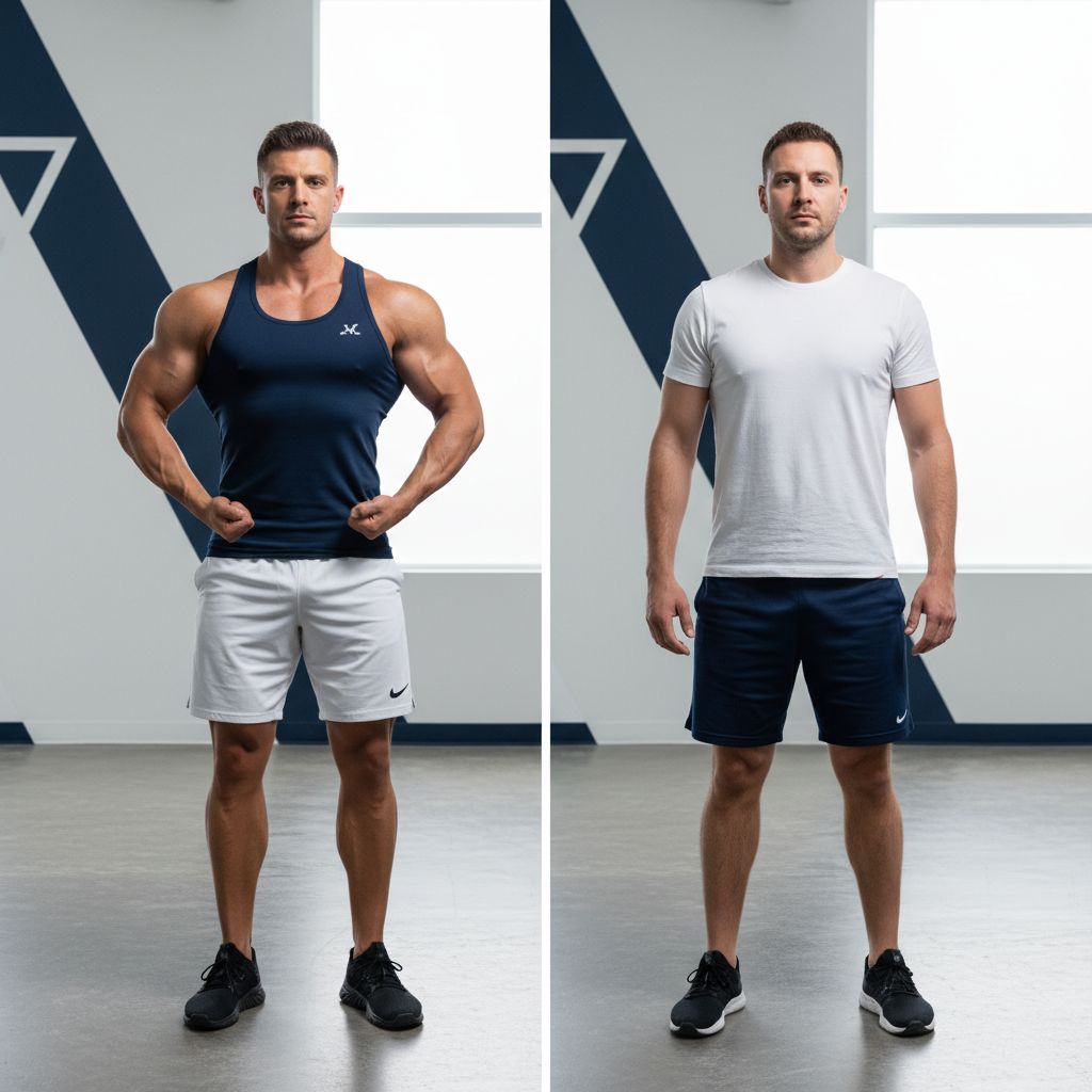 Illustration comparative de deux personnes avec le même IMC. L'une a une silhouette musclée et athlétique, l'autre a un pourcentage de graisse corporelle visiblement plus élevé.